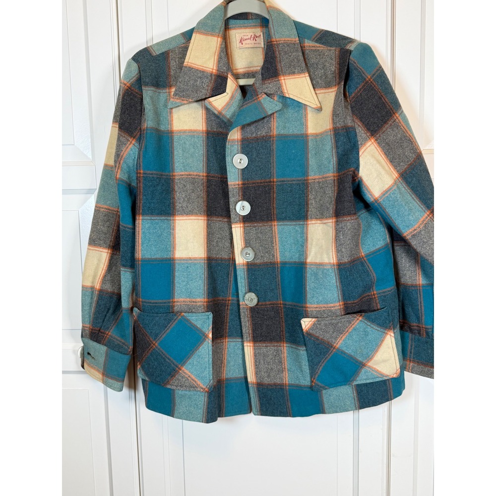 Vintage 50s Kasual Koat 100% Wool Plaid 49er Style Jacket Shacket Teal XL